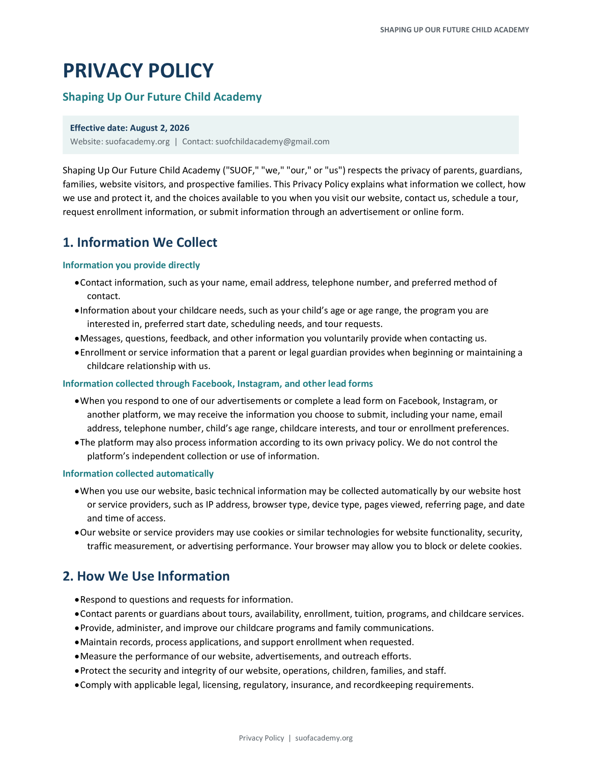 SUOF Privacy Policy (Page 1)
